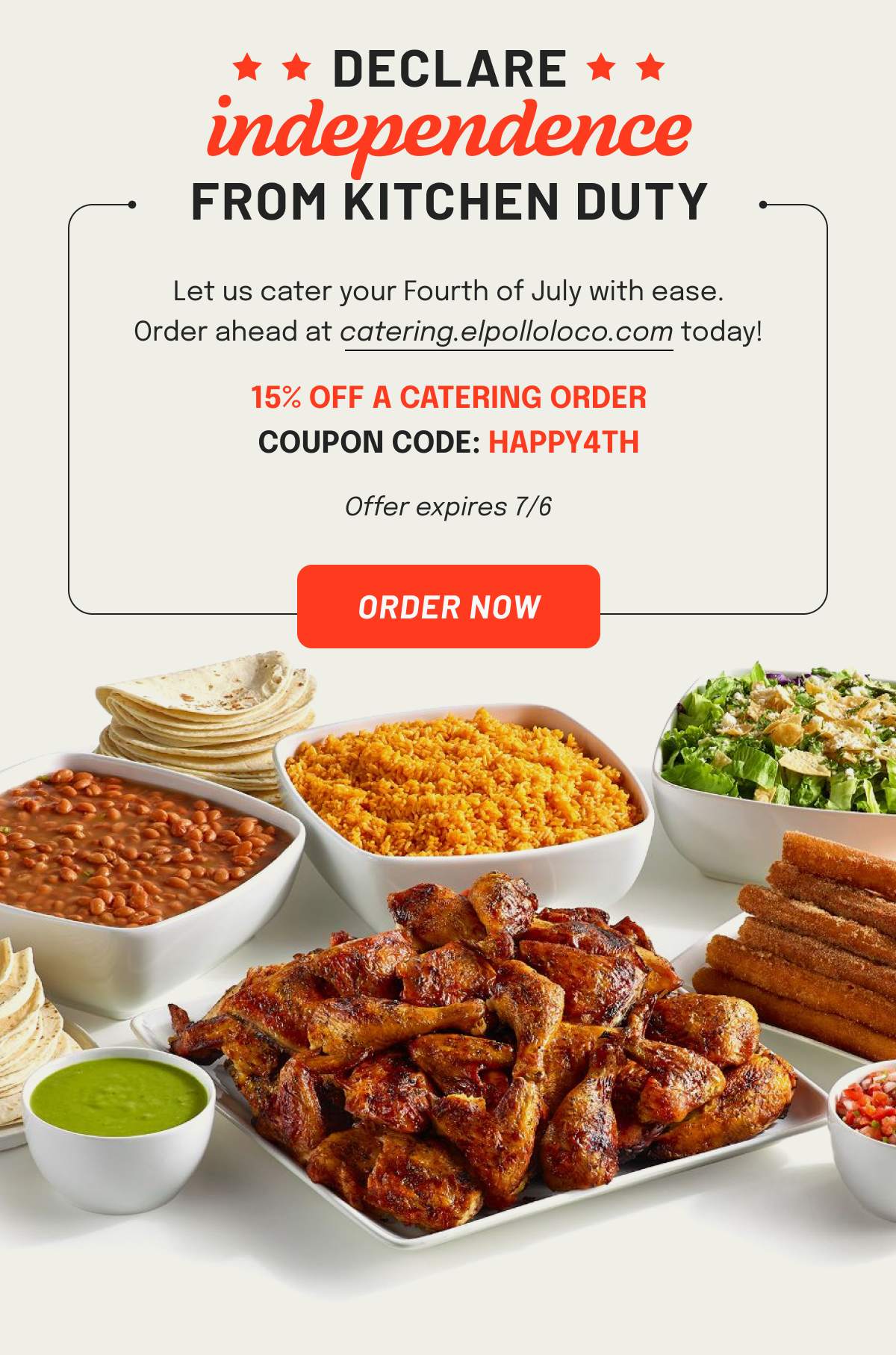 Declare independence from kitchen duty - take 15% off a catering order with code HAPPY4TH
