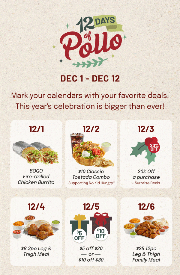 12 Days of Pollo. Mark your calendars with your favorite deals!