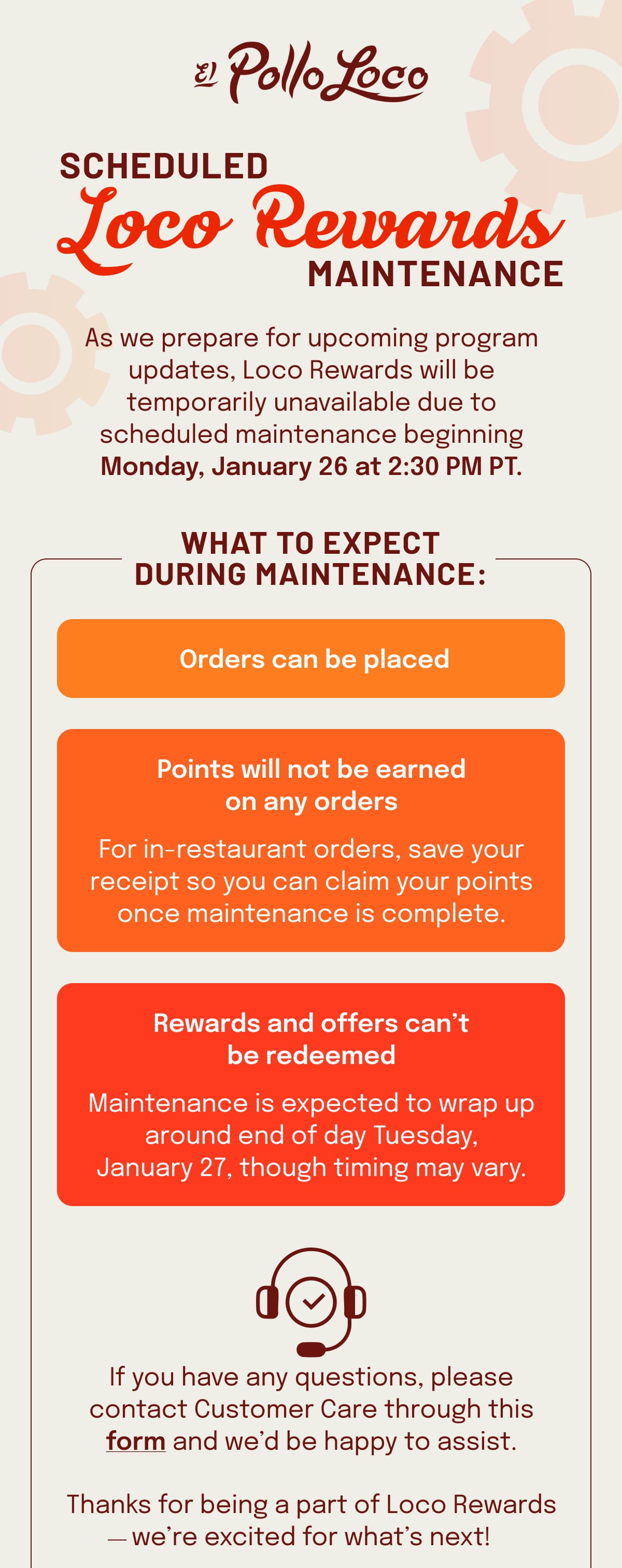 As we prepare for upcoming program updates, Loco Rewards will be temporarily unavailable due to scheduled maintenance beginning Monday, January 26 at 2:30 PM PT. Click to submit form.