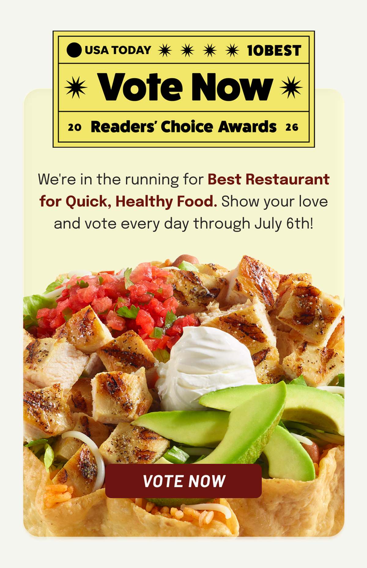 We're in the running for Best Restaurant for Quick, Healthy Food. Show your love and vote every day through July 6th!