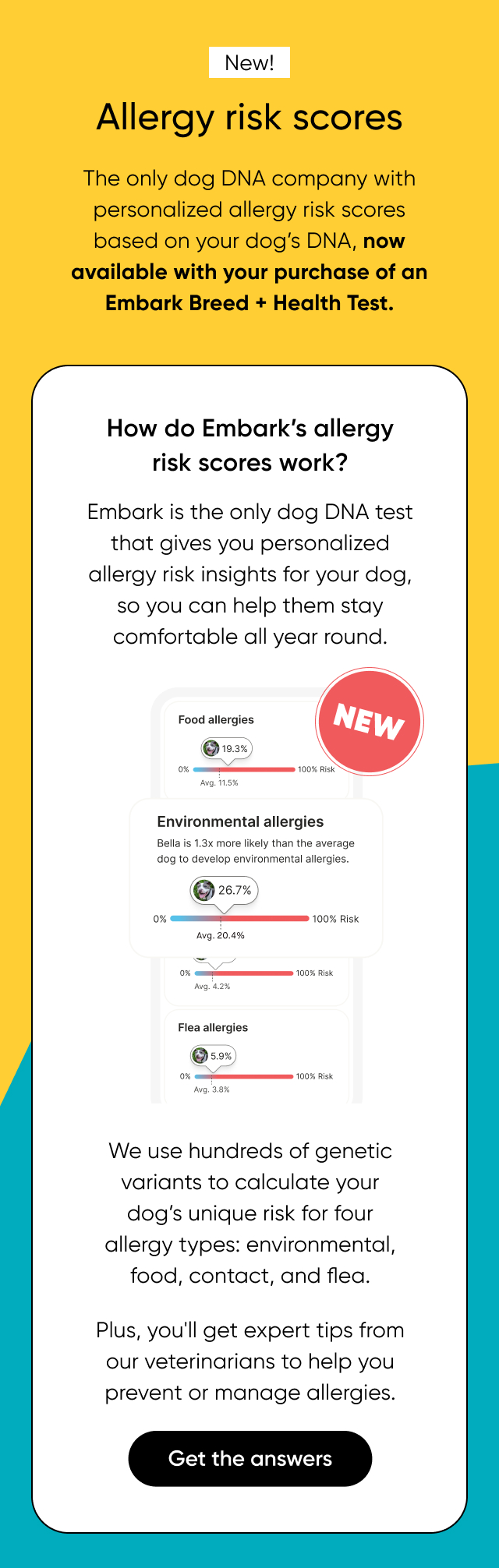 The only dog DNA company with personalized allergy risk scores based on your dog's DNA.