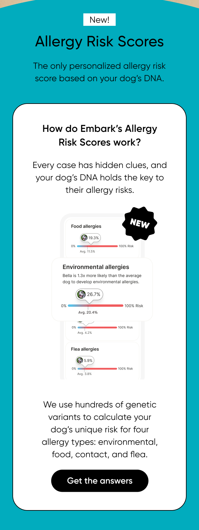 Allergy Risk Scores: The only personalized allergy risk score based on your dog's DNA.