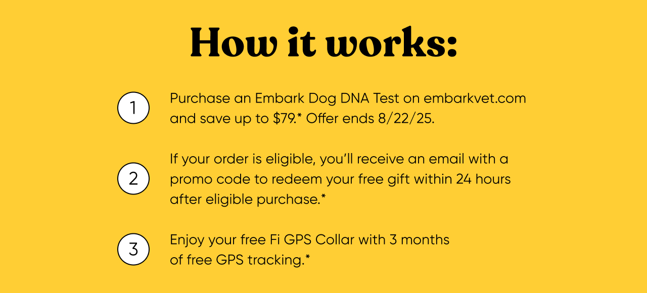 Get a Fi Collar and 3 months of GPS tracking free with every Embark DNA test order