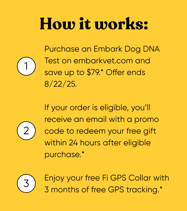 Get a Fi Collar and 3 months of GPS tracking free with every Embark DNA test order