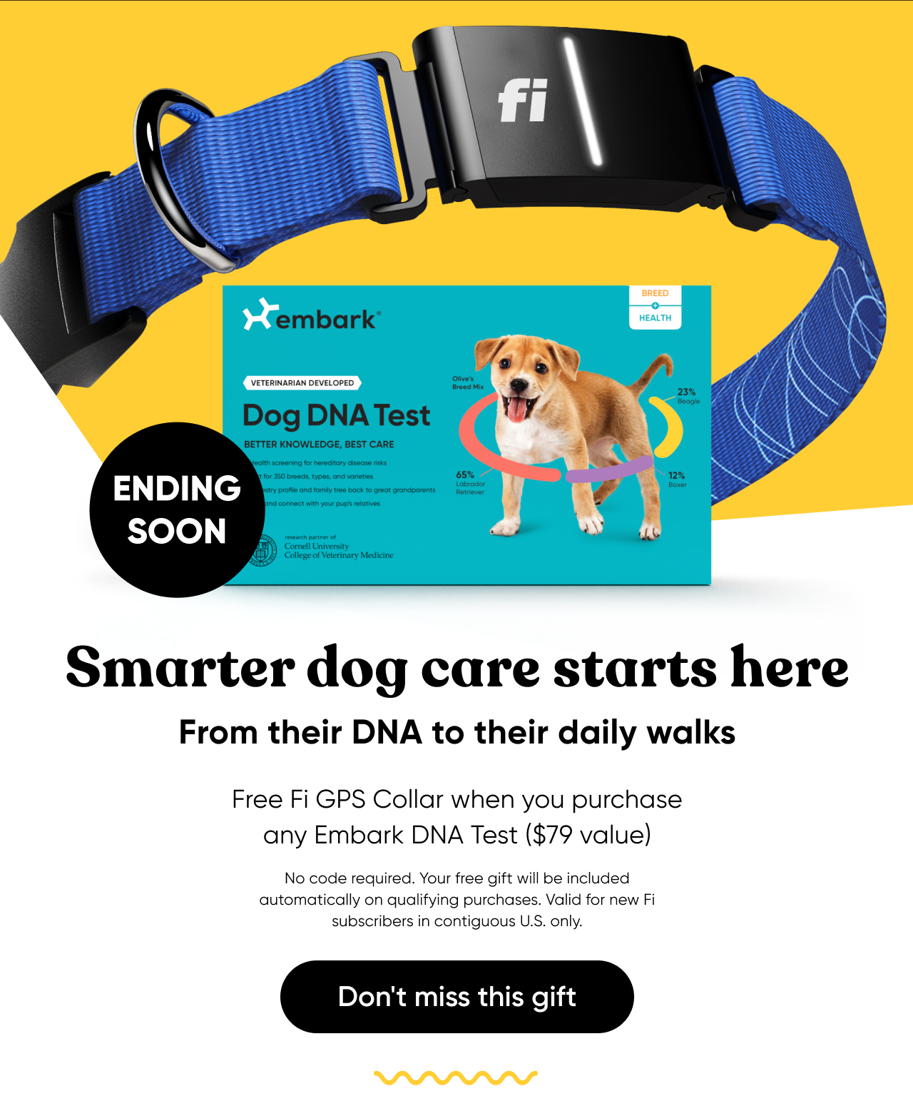 Get a Fi Collar and 3 months of GPS tracking free with every Embark DNA test order