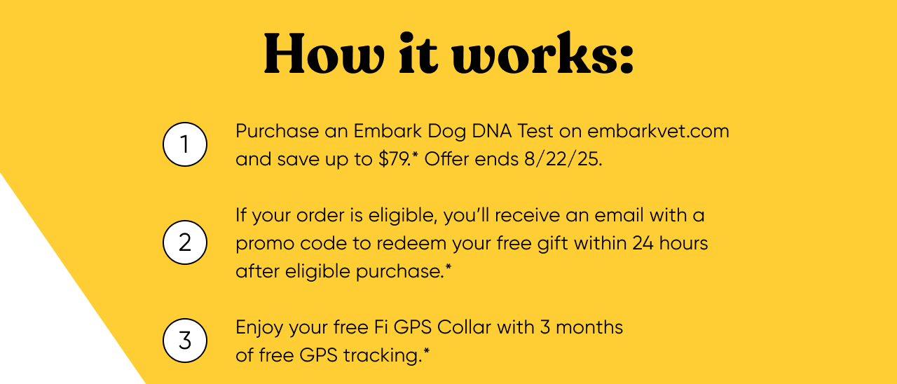 Get a Fi Collar and 3 months of GPS tracking free with every Embark DNA test order