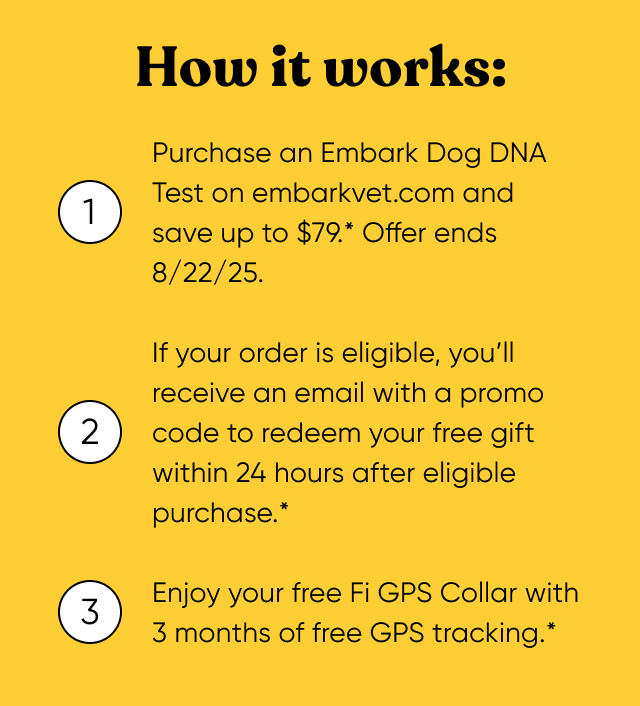 Get a Fi Collar and 3 months of GPS tracking free with every Embark DNA test order