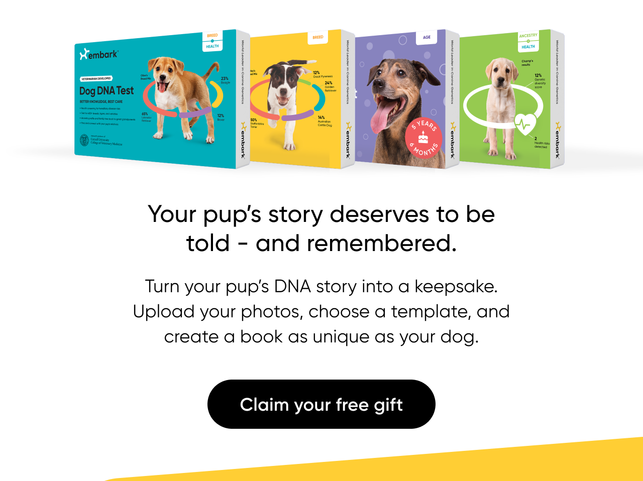 Turn your pup's DNA story into a keepsake with a free Shutterfly Photo Book with your purchase of an Embark DNA Test.