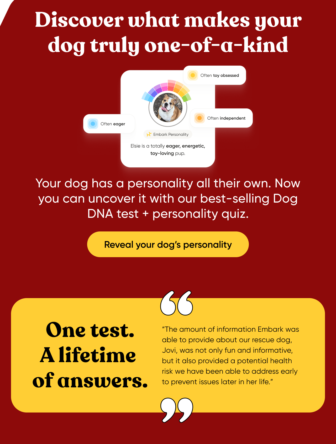 Discover what makes your dog truly one-of-a-kind. Your dog has a personality all their own. Now you can uncover it with our best-selling Dog DNA Test + personality quiz. Reveal your dog's personality.