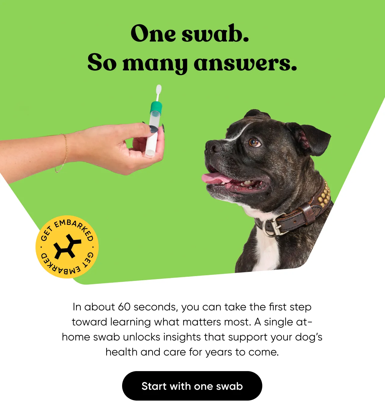 One swab. So many answers. In about 60 seconds, you can take the first step toward learning what matters most. A single at-home swab unlocks insights that support your dog's health and care for years to come.
