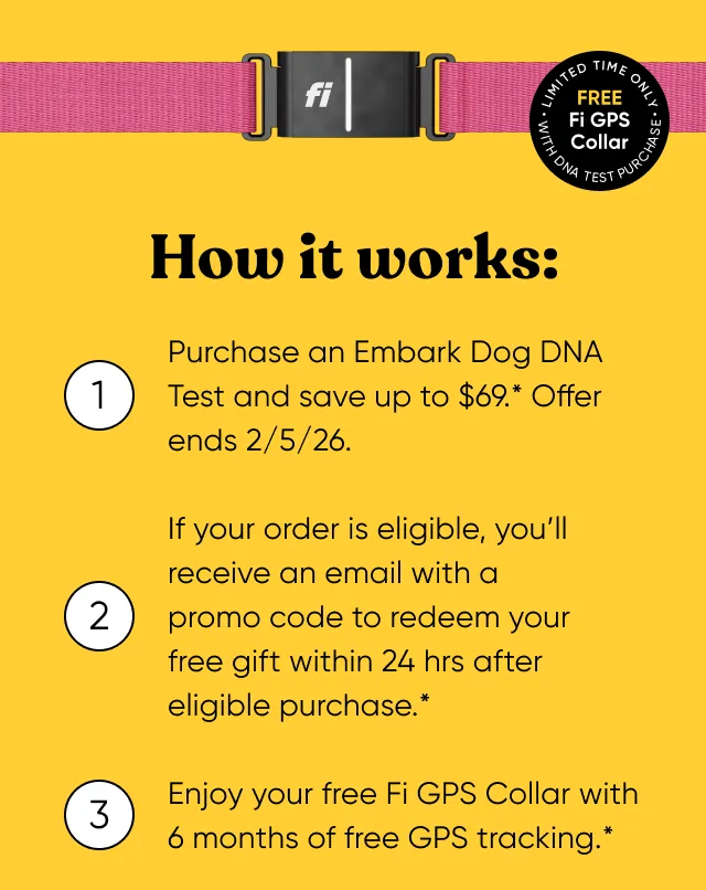 How it works: 1. Purchase an Embark Dog DNA Test and save up to $69*. Offer ends 2/5/2026. 2. If your order is eligible, you'll receive an email with a promo code to redeem your free gift within 24 hours after eligible purchase. 3. Enjoy your free Fi GPS Collar with 6 months of free GPS tracking.*