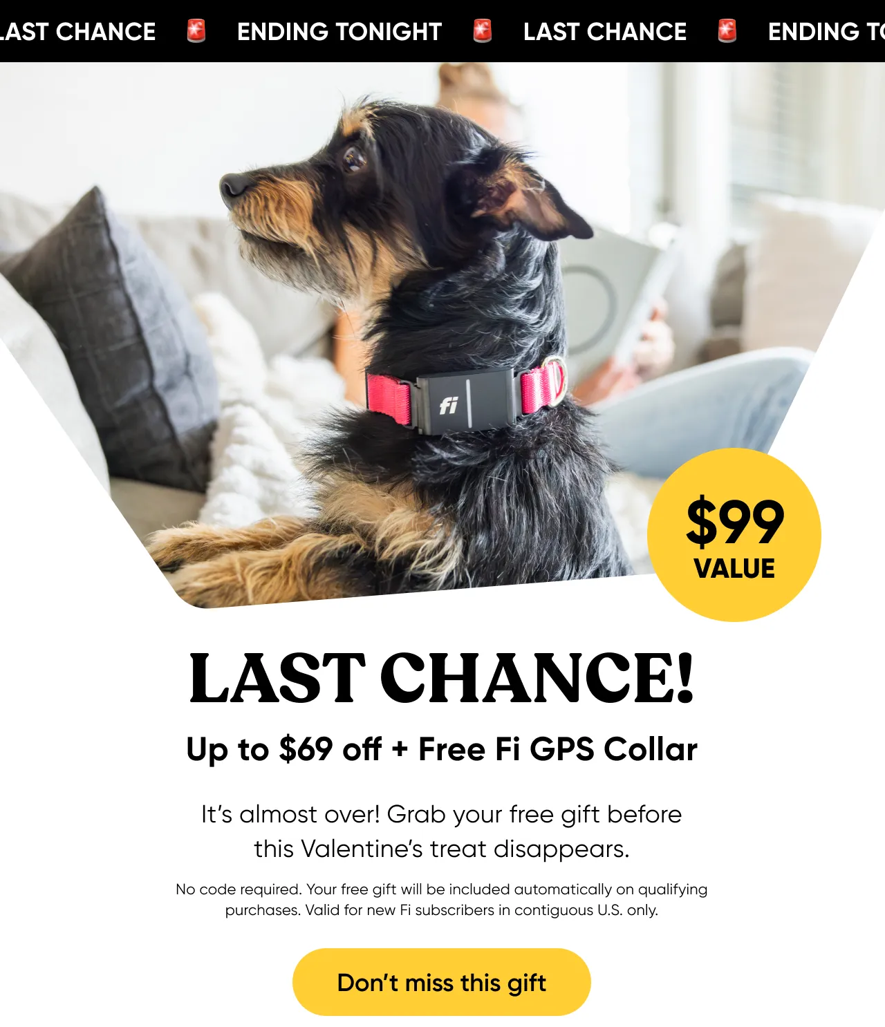 Ending tonight! $99 value. Last chance: up to $69 off and Free Fi GPS Collar. It's almost over! Grab your free gift before this Valentine's treat disappears. No code required. Your free gift will be included automatically on qualifying purchases. Valid for new Fi subscribers in contiguous U.S. only. Don't miss your this gift.