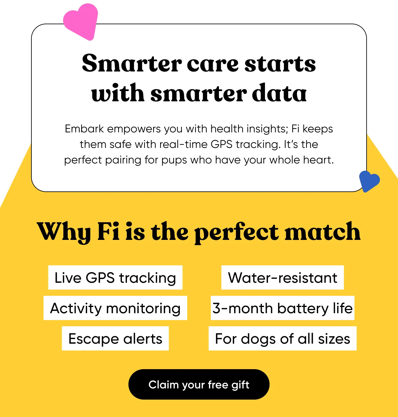 Smarter care starts with smarter data. Embark empowers you with health insights; Fi keeps them safe with real-time GPS tracking. It's the perfect pairing for pups who have your whole heart. Why Fi is the perfect match: live GPS tracking, activity monitoring, escape alerts, water-resistant, 3-month battery life, for dogs of all sizes. Claim your free gift.
