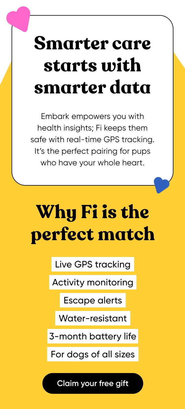 Smarter care starts with smarter data. Embark empowers you with health insights; Fi keeps them safe with real-time GPS tracking. It's the perfect pairing for pups who have your whole heart. Why Fi is the perfect match: live GPS tracking, activity monitoring, escape alerts, water-resistant, 3-month battery life, for dogs of all sizes. Claim your free gift.