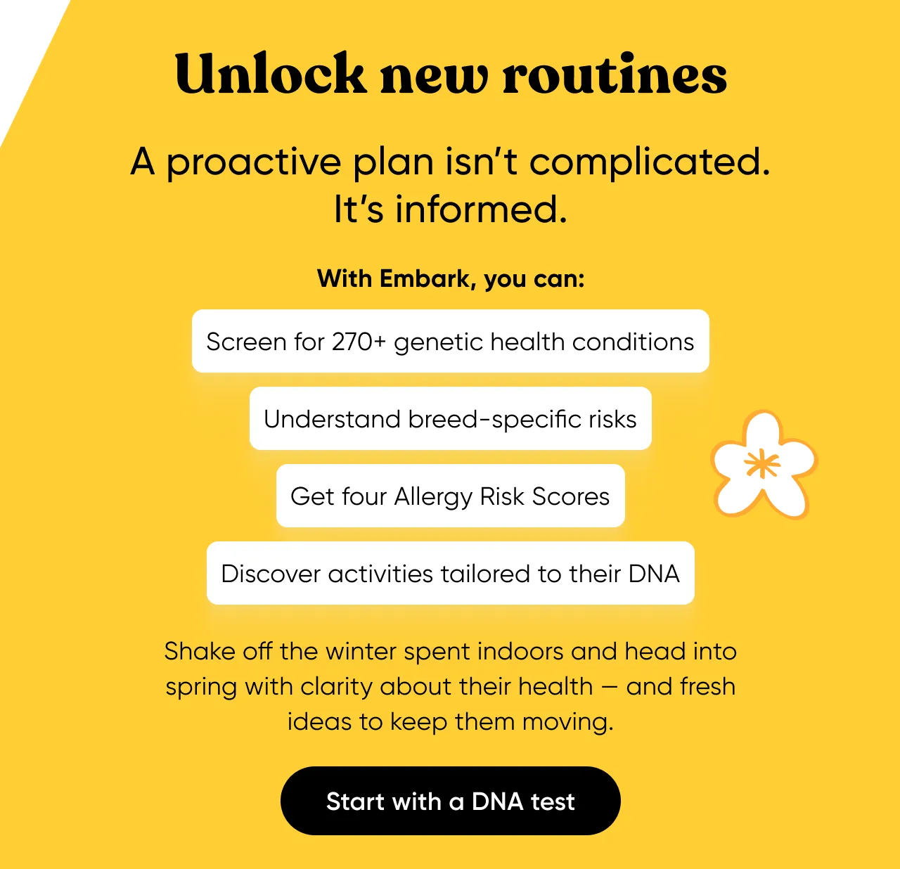 Unlock new routine. A proactive plan isn't complicated. it's informed. With Embark, you can: screen for 270+ genetic health conditions, understand breed-specific risks, get four Allergy Risk Scores, discover activities tailored to their DNA. Shake off the winter spent indoors and head into spring with clarity about their health—and fresh ideas to keep them moving. Start with a DNA test.