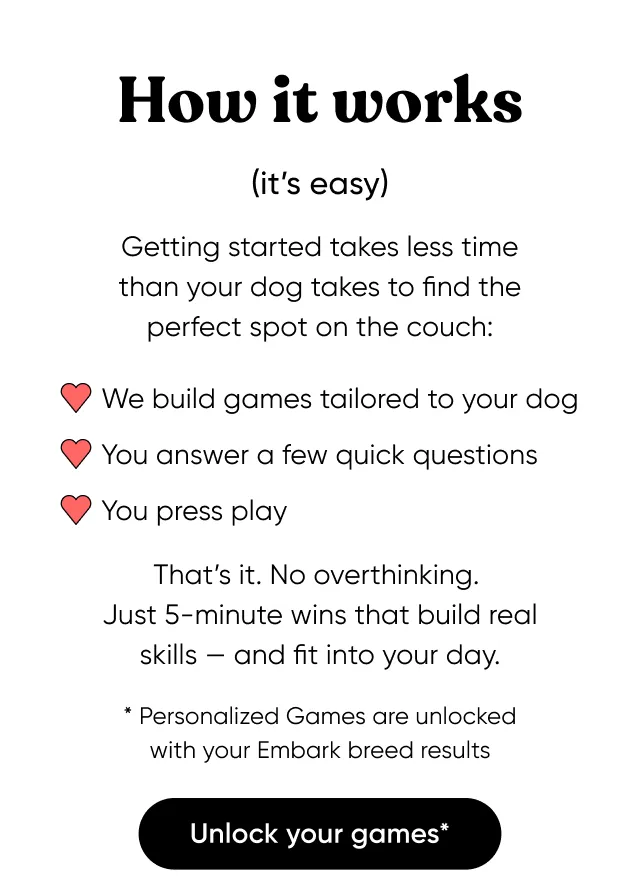 How to works (it's easy). Getting started takes less time than your dog takes to find the perfect spot on the couch: We build games tailored to your dog, you answer a few quick questions, you press play. That's it. No overthinking. Just 5-minute wins that build real skills and fit into your dog. Unlock your games* *Personalized Games are unlocked with your Embark breed results.