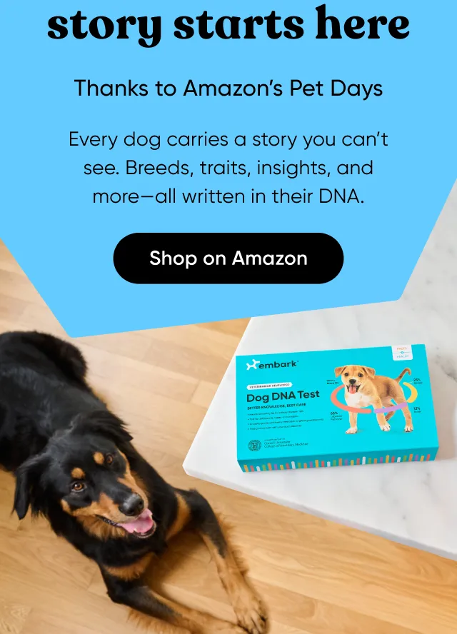 You dog's story starts here. Thanks to Amazon's Pet Days. Every dog carries a story you can't see. Breeds, traits, insights, and more—all written in their DNA. Shop in Amazon.