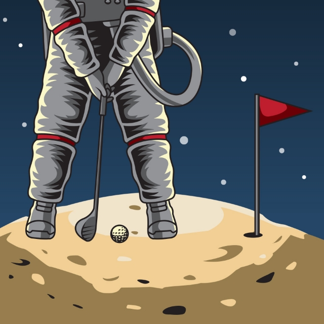 Astronaut playing golf on the moon.