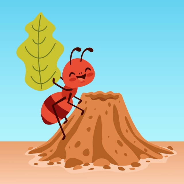 Ant climbing an ant hill carrying a leaf.
