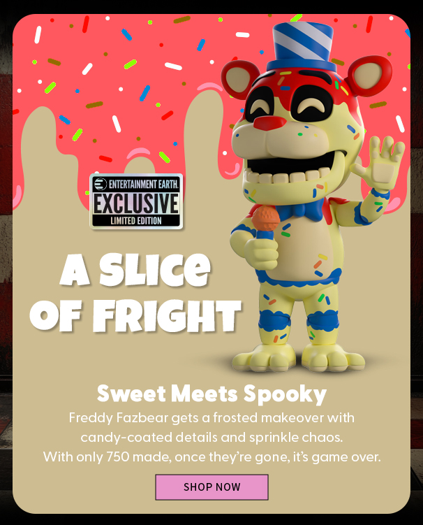 Sweet Meets Spooky Freddy Fazbear gets a frosted makeover with candy-coated details and sprinkle chaos. With only 750 made, once they’re gone, it’s game over. Shop Now 