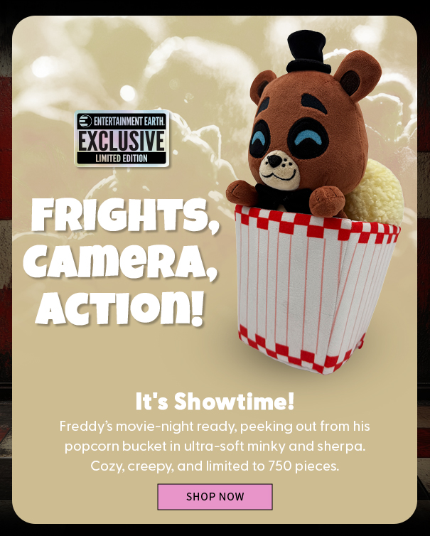 It's Showtime! Freddy’s movie-night ready, peeking out from his popcorn bucket in ultra-soft minky and sherpa. Cozy, creepy, and limited to 750 pieces. Shop Now 