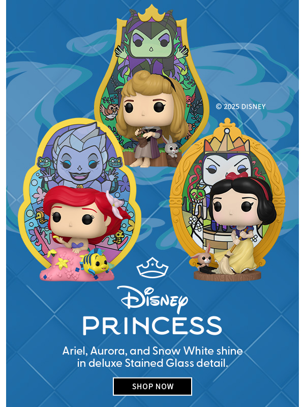 Disney Princess Ariel, Aurora, and Snow White shine in deluxe Stained Glass detail. SHOP NOW 