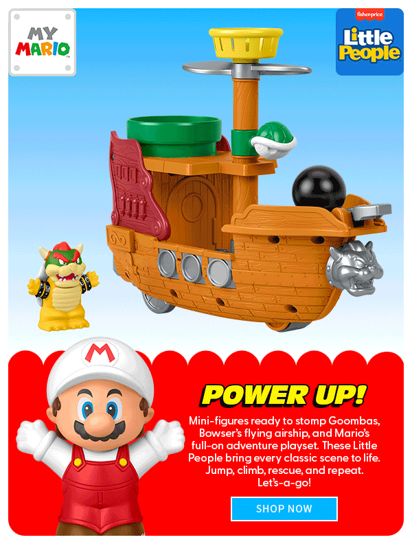 Power Up!  Mini-figures ready to stomp Goombas, Bowser’s flying airship, and Mario’s full-on adventure playset. These Little People bring every classic scene to life. Jump, climb, rescue, and repeat. Let’s-a-go! shop now 
