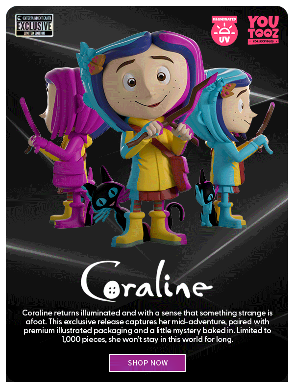  Coraline returns illuminated and a sense that something strange is afoot. This Youtooz Exclusive release captures her mid-adventure, paired with premium illustrated packaging and a little mystery baked in. Limited to 1,000 pieces, she won’t stay in this world for long. SHOP NOW
