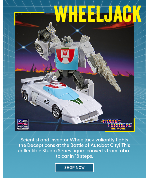 Wheeljack  Scientist and inventor Wheeljack valiantly fights the Decepticons at the Battle of Autobot City! This collectible Studio Series figure converts from robot to car in 18 steps. SHOP NOW 