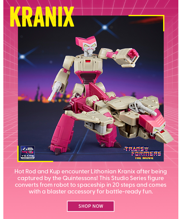 Kranix Hot Rod and Kup encounter Lithonian Kranix after being captured by the Quintessons! This Studio Series figure converts from robot to spaceship in 20 steps and comes with a blaster accessory for battle-ready fun. SHOP NOW 