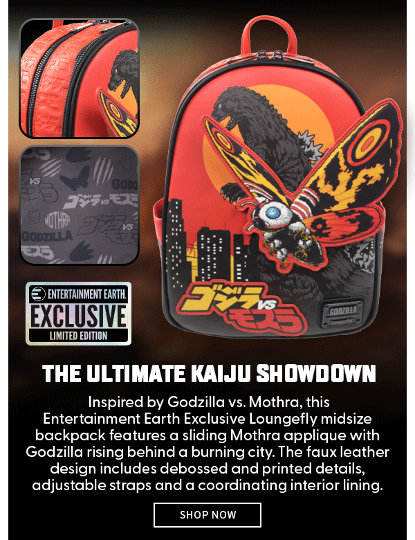 The Ultimate Kaiju Showdown Inspired by Godzilla vs. Mothra, this Entertainment Earth Exclusive Loungefly midsize backpack features a sliding Mothra applique with Godzilla rising behind a burning city. The faux leather design includes debossed and printed details, adjustable straps and a coordinating interior lining. SHOP NOW 
