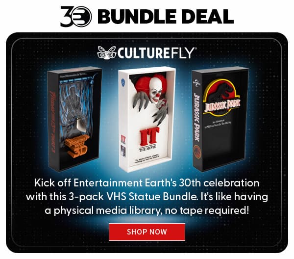 Culturefly VHS Bundle  Kick off Entertainment Earth's 30th celebration with this 3-pack VHS Statue Bundle. It's like having a physical media library, no tape required! SHOP NOW 