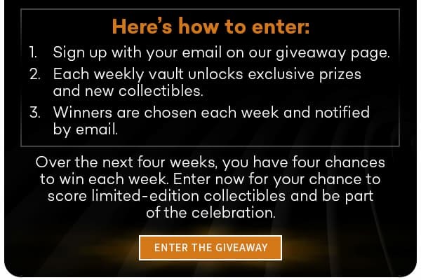 1. Sign up with your email on our giveaway page. 2. Each weekly vault unlocks exclusive prizes and new collectibles. Winners are chosen each week and notified by email. Over the next four weeks, you have four chances to win each week. Enter now for your chance to score limited-edition collectibles and be part of the celebration. Enter the Giveaway