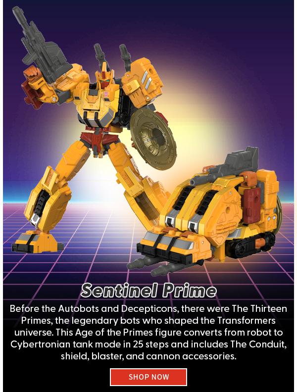 Sentinel Prime Before the Autobots and Decepticons, there were The Thirteen Primes, the legendary bots who shaped the Transformers universe. This Age of the Primes figure converts from robot to Cybertronian tank mode in 25 steps and includes The Conduit, shield, blaster, and cannon accessories.