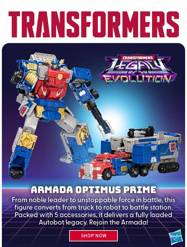 TRANSFORMERS Armada Optimus Prime From noble leader to unstoppable force in battle, this figure converts from truck to robot to battle station. Packed with 5 accessories, it delivers a fully loaded Autobot legacy. Rejoin the Armada! shop now 