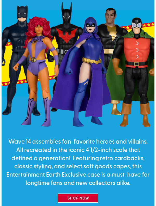 Wave 14 assembles fan-favorite heroes and villains. all recreated in the iconic 4 1/2-inch scale that defined a generation. Featuring retro cardbacks, classic styling, and select soft goods capes, this Entertainment Earth Exclusive case is a must-have for longtime fans and new collectors alike. shop now 