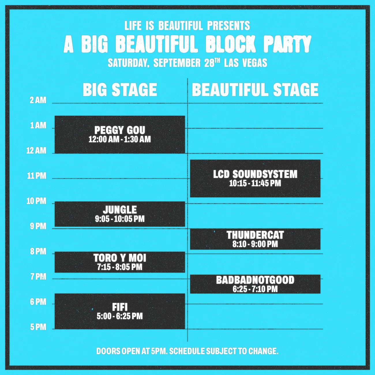 Life is Beautiful Presents: A Big Beautiful Block Party featuring Justice, LCD Soundsystem, Peggy Gou, Jamie XX, Jungle, and more!