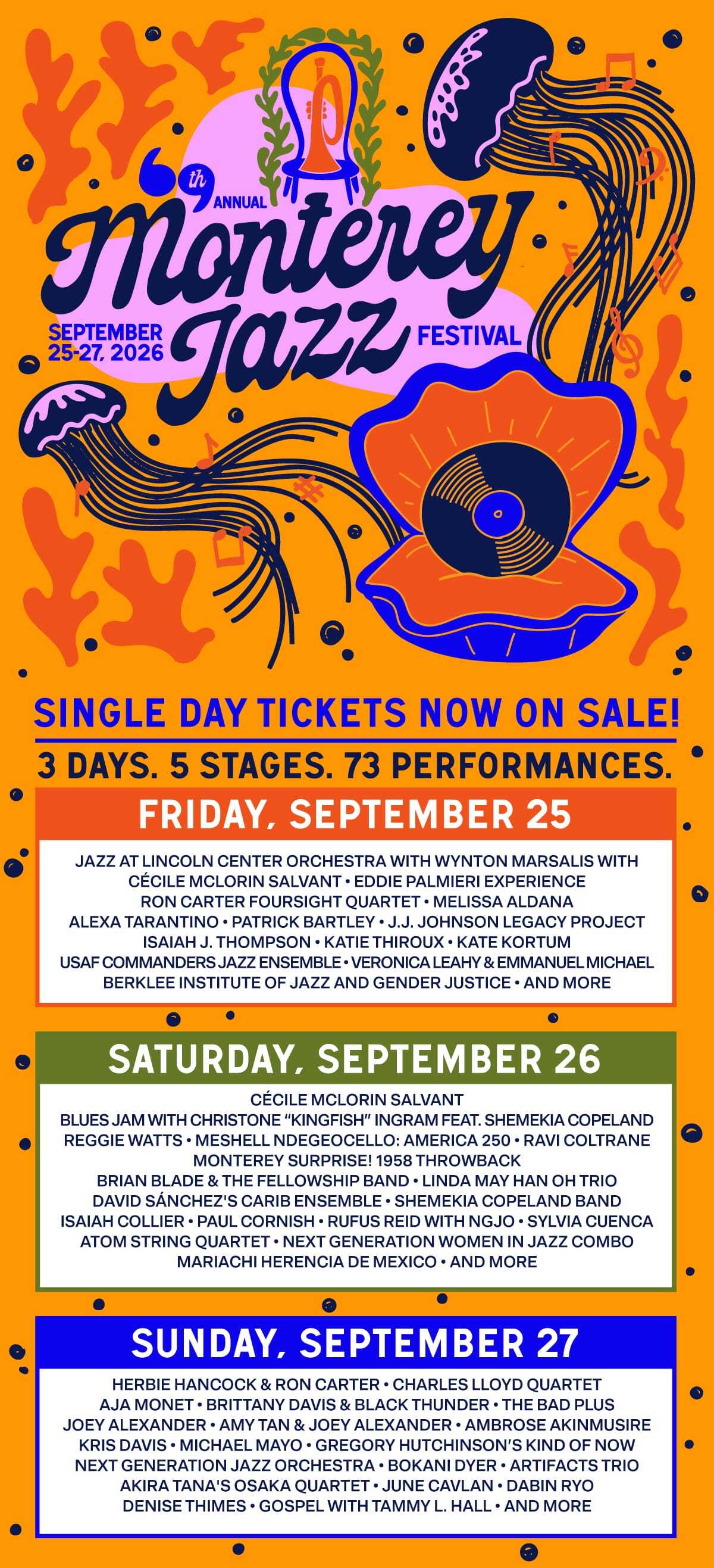 Festival poster with daily marquee: Friday spotlight on the Eddie Palmieri Experience and Katie Thiroux, Saturday noting Ravi Coltrane and the Monterey Surprise! and Sunday featuring a special performance by Herbie Hancock and Ron Carter.