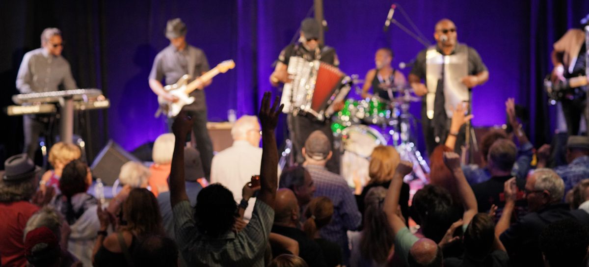 a crowd of people watching a band on the stage