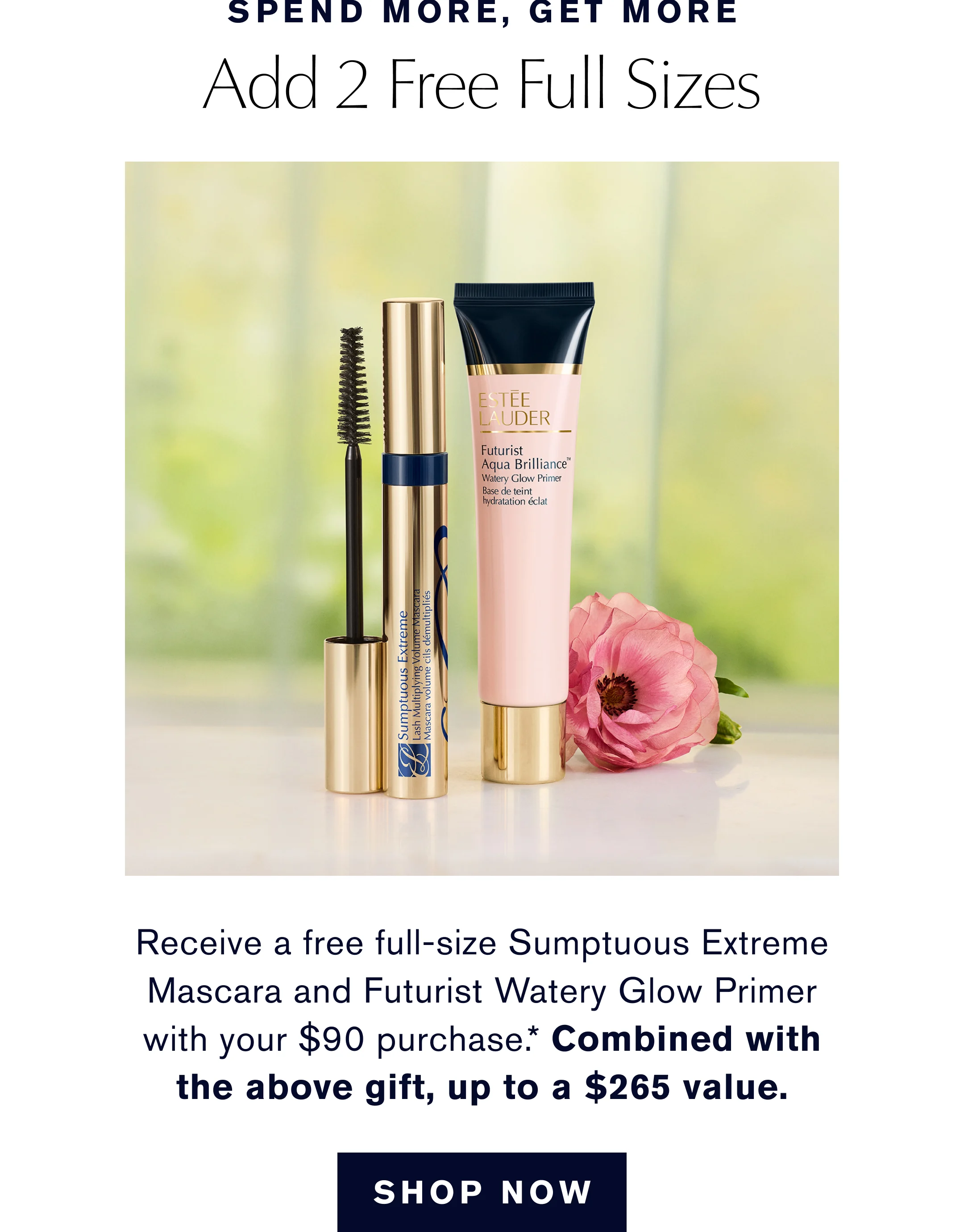 Spend more, get more. Add 2 Free Full Sizes. Recieve a free full-size Sumptuous Extreme Mascara and Futurist Watery Glow primer with your $90 purchase.* Combined with the above gift, up to a $265 value. SHOP NOW   