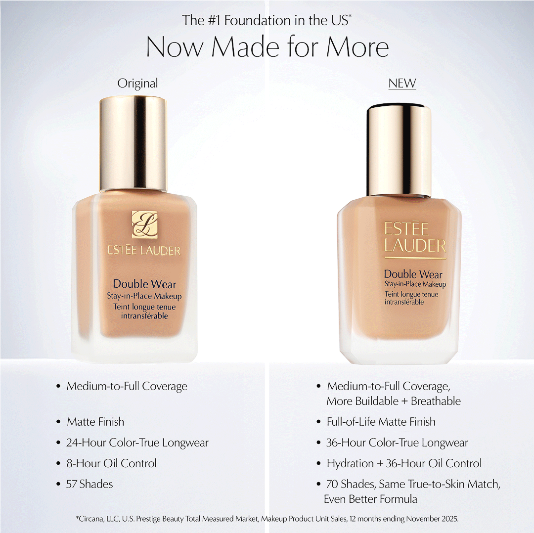 The #1 Foundation the US | Now Made for More | from medium-to-full coverage to medium-to-full coverage, more buildable + breathable | from matte finish to full-of-life matte finish | from 24-hours color-true long wear to 36-hour color-true long wear | from 8-hour oil control to hydration + 36-hour oil control | from 57 shades to 70 shades, same true-to skin match. Even better formula