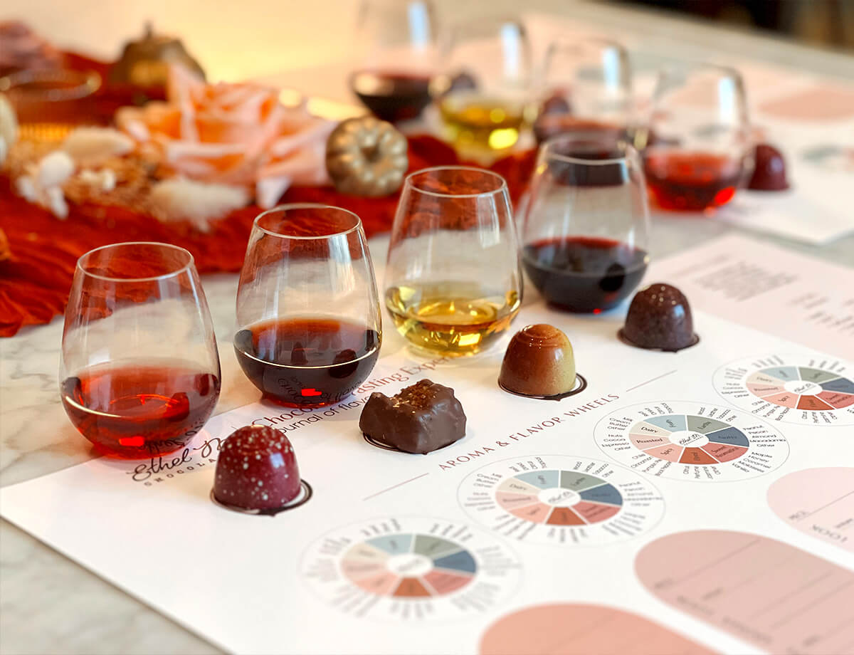 Fall Favorites Tasting showing the four wine pairings and four chocolate gems on the tasting mat.