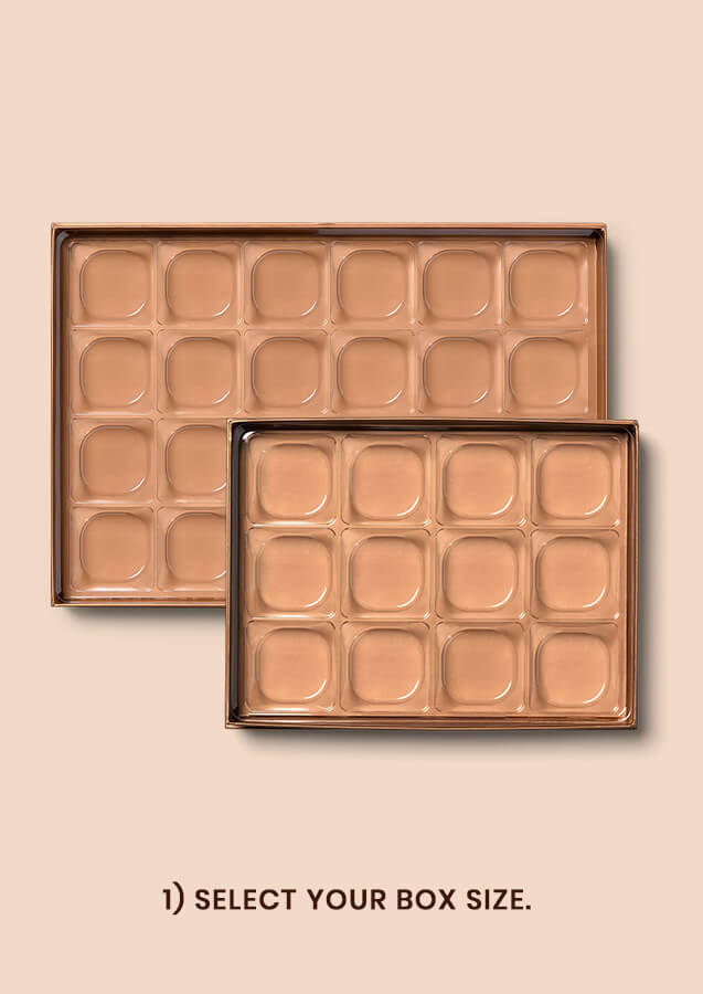 "Select Your Box Size". Image shows an empty copper custom chocolate box.