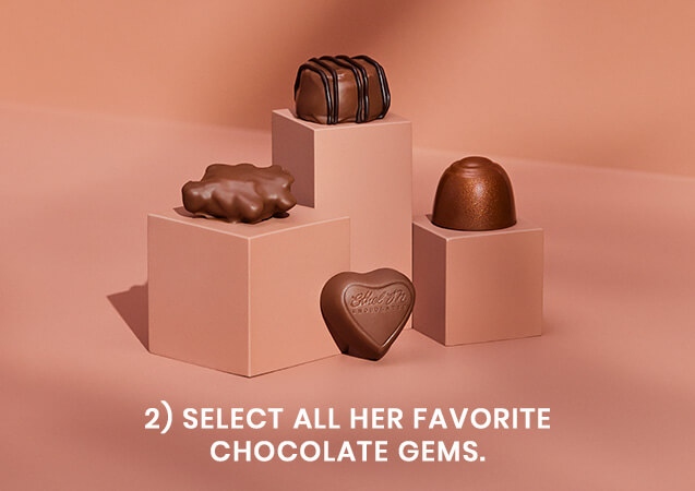 "Select all her favorite chocolate gems". Image shows four chocolate gems stacked on each other.