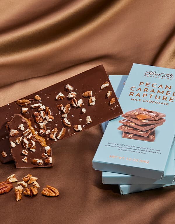 Pecan Caramel Rapture Milk Chocolate Gourmet Tablet Bar.