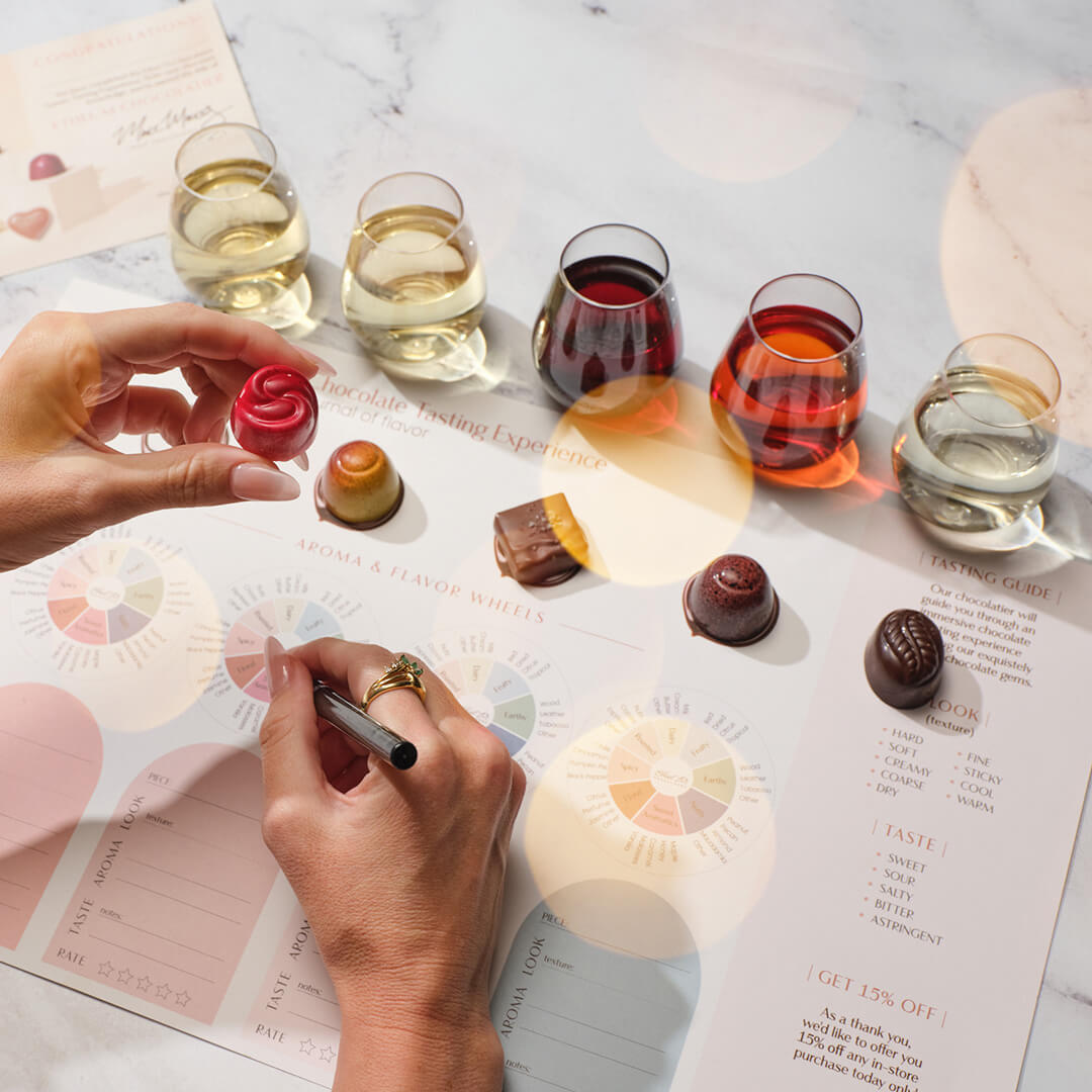 Chocolate tasting at an Ethel M Chocolates store.