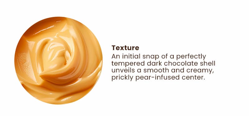 Texture. An initial snap of a perfectly tempered dark chocolate shell unveils a smooth and creamy, prickly pear-infused center.