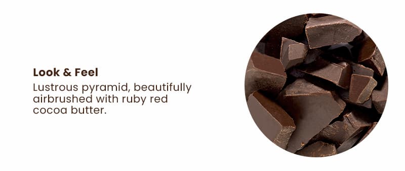 Look & Feel. Lustrous pyramid, beautifully airbrushed with ruby red cocoa butter.