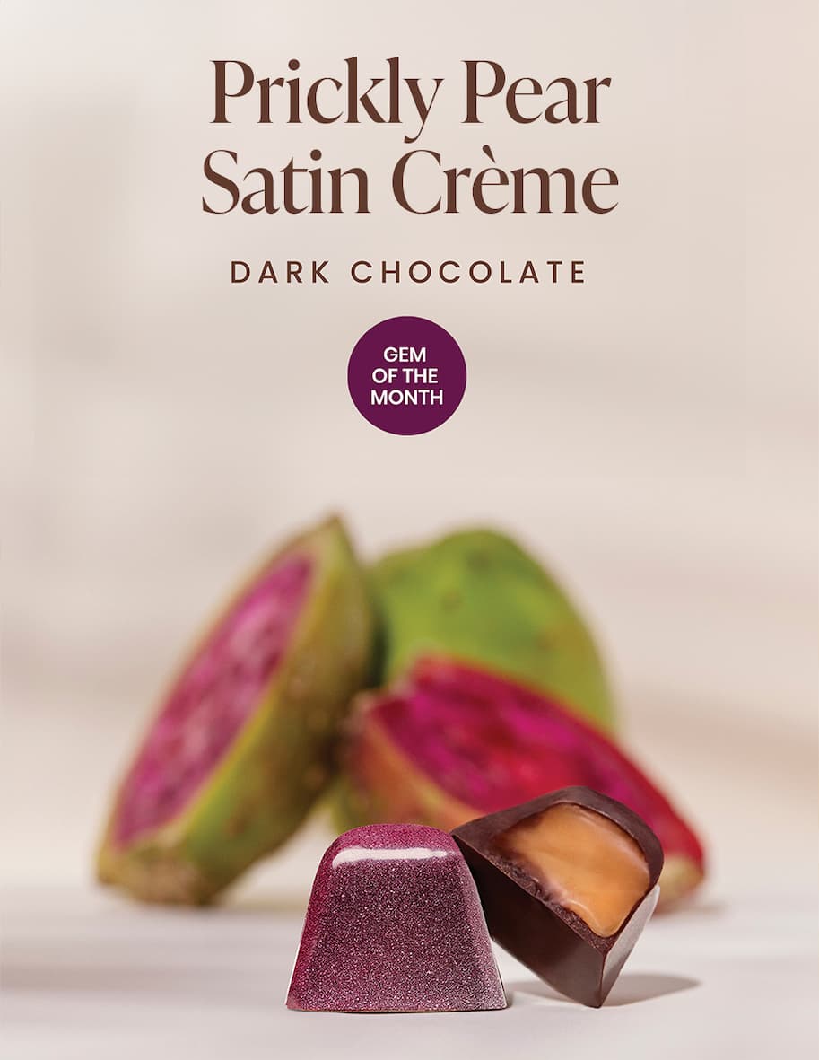 Discover our Prickly Pear Satin Creme Dark Chocolate Gem!