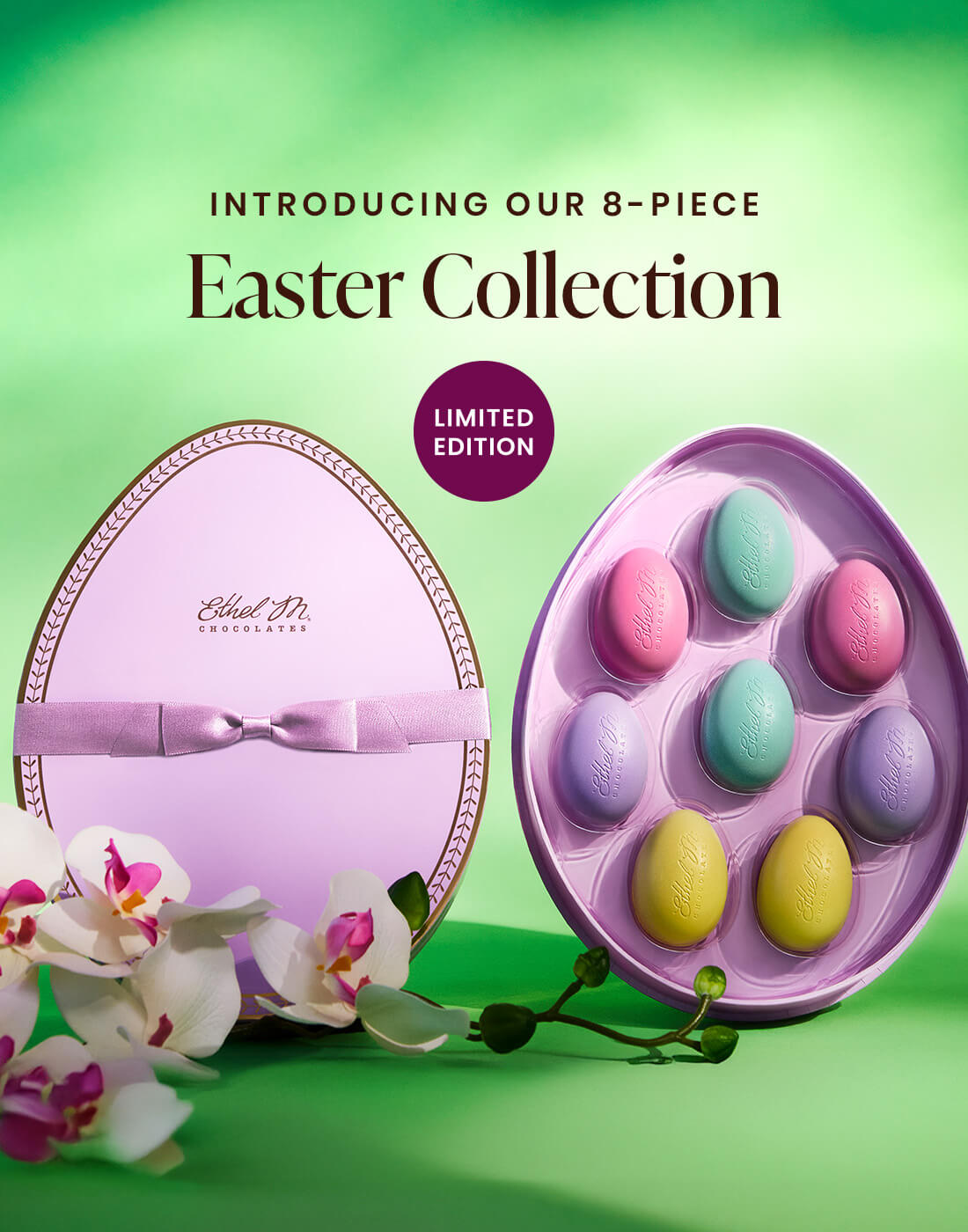 Introducing our 8-piece Easter Collection featuring four new chocolate gems with flavor-filled centers.